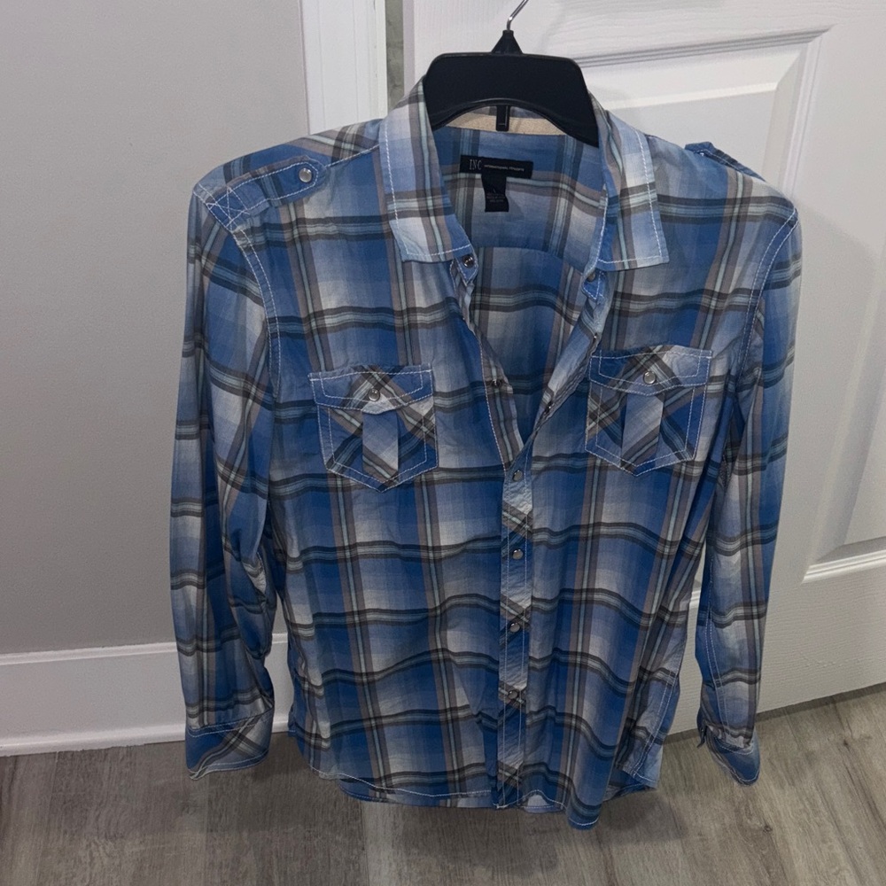 INC International Concepts Blue and Brown Plaid Button-Down Shirt